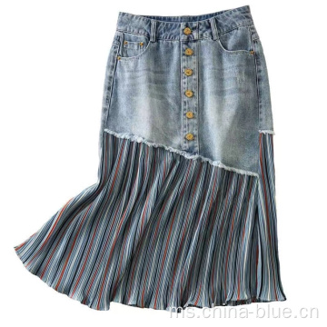 Skirt warna kontras denim wanita
